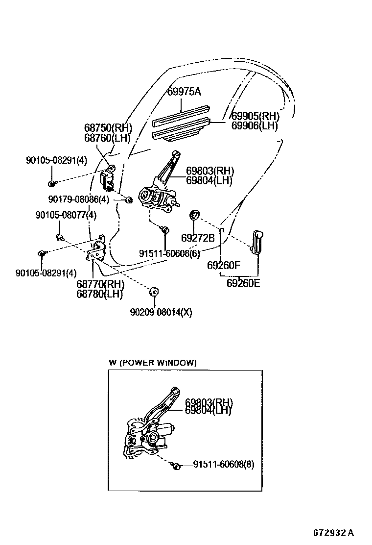 Toyota COROLLA 后门车窗升降器和合页 EPC diagram — 672932A