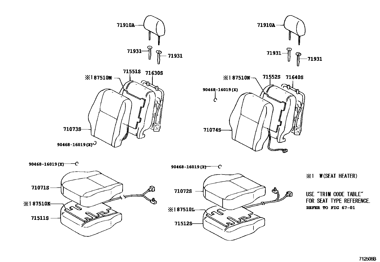 Toyota COROLLA 前排座椅和座椅滑轨 EPC diagram — 712508B