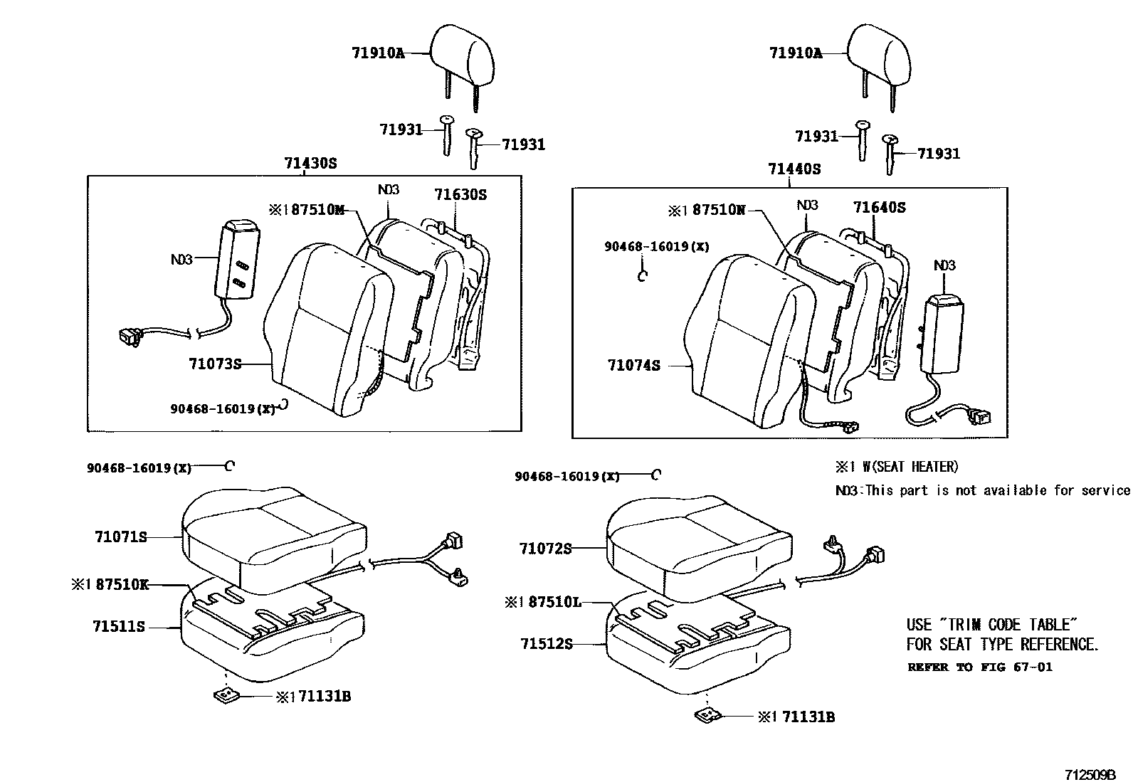 Toyota COROLLA 前排座椅和座椅滑轨 EPC diagram — 712509B