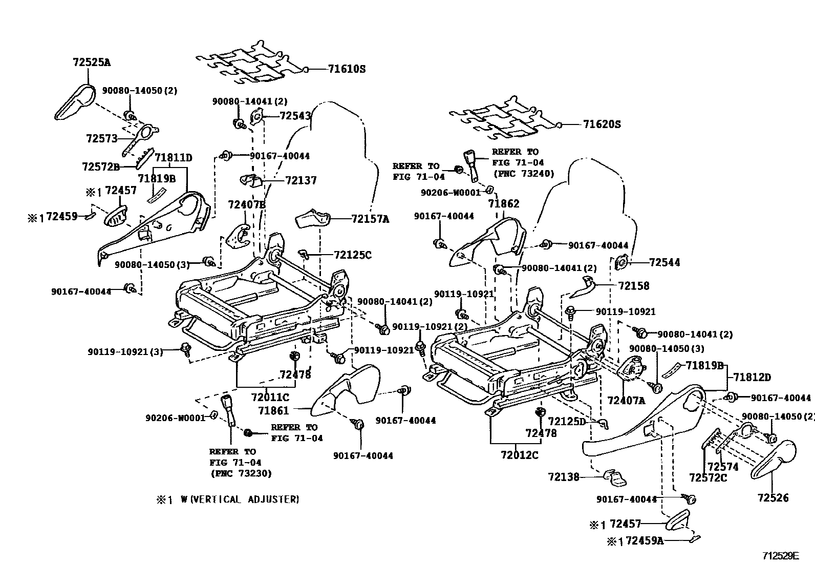 Toyota COROLLA 前排座椅和座椅滑轨 EPC diagram — 712529E