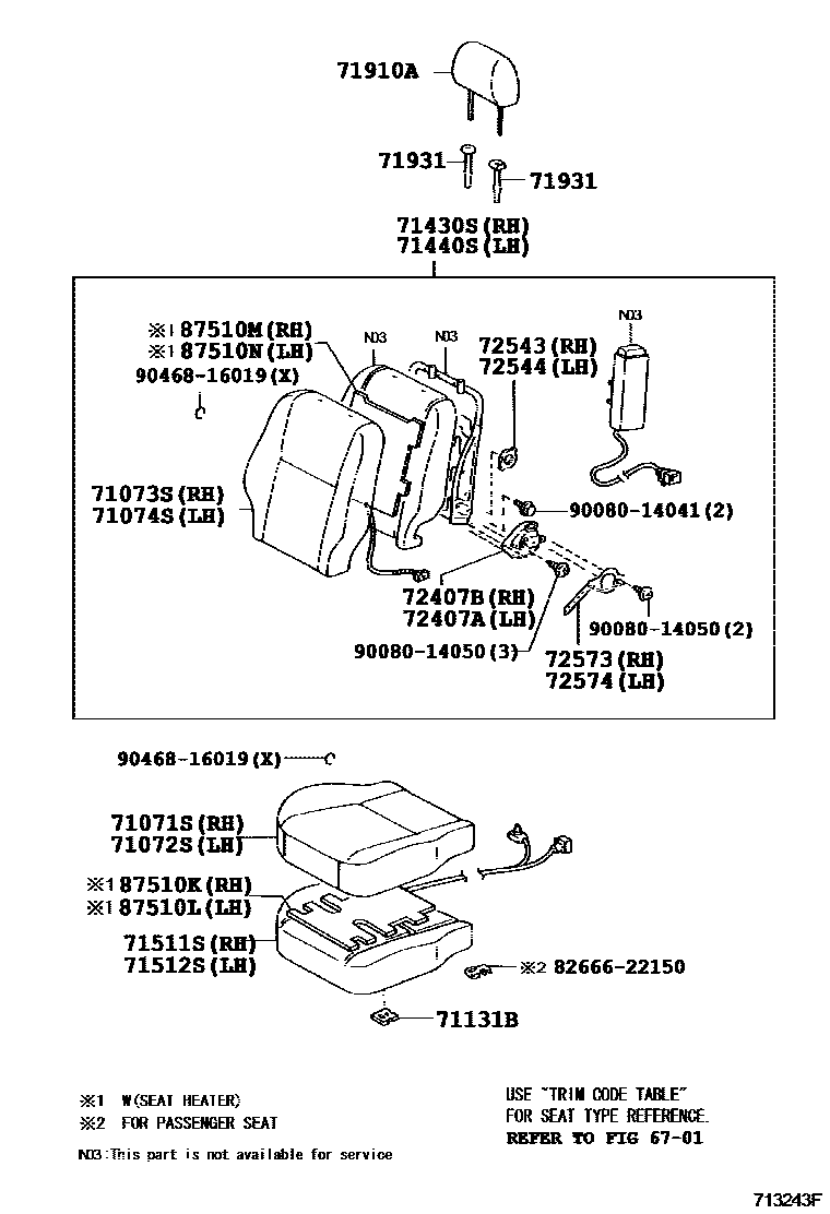 Toyota COROLLA 前排座椅和座椅滑轨 EPC diagram — 713243F