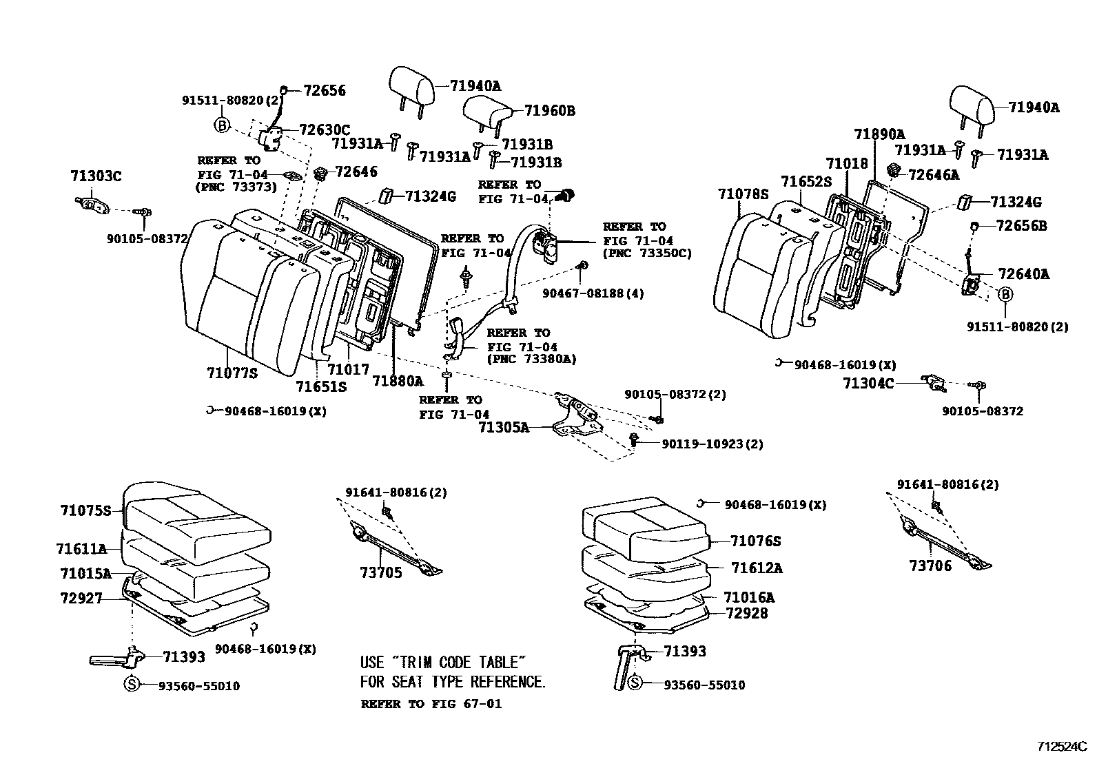 Toyota COROLLA 后排座椅和座椅滑轨 EPC diagram — 712524C