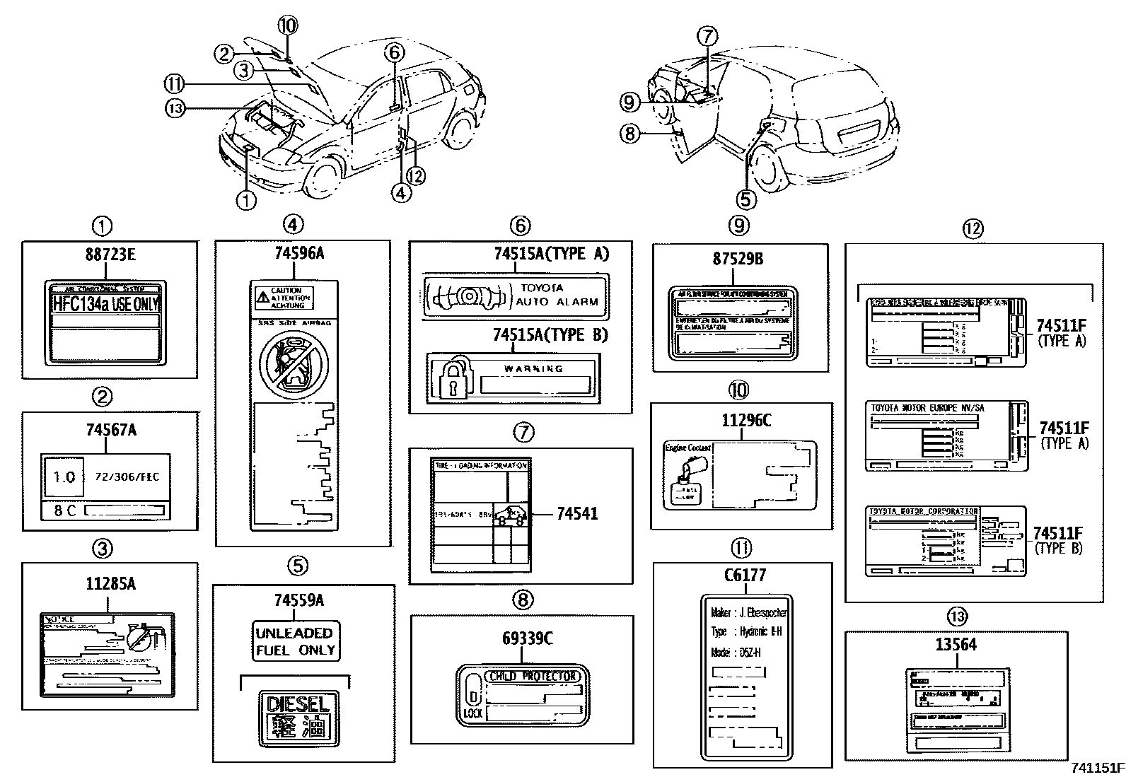 Toyota COROLLA 警示铭牌(车外和车内) EPC diagram — 741151F