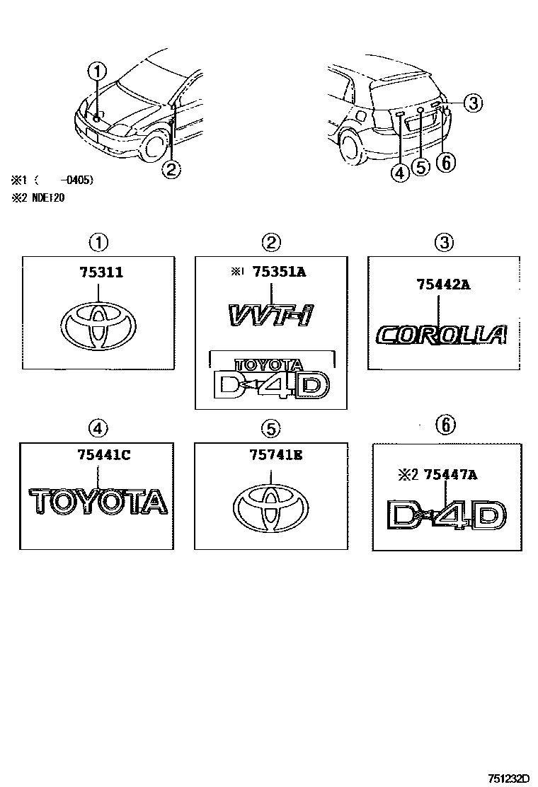 Toyota COROLLA 丰田徽标和铭牌(车外和车内) EPC diagram — 751132D