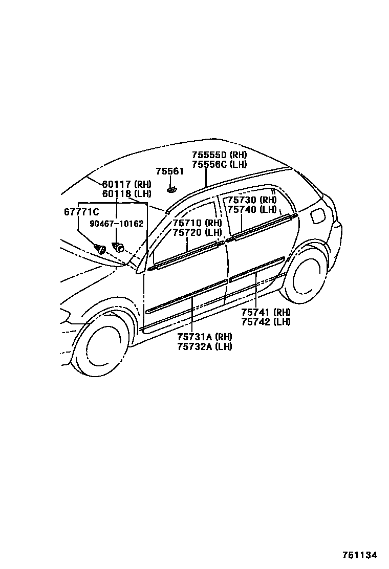 Toyota COROLLA 侧防护条 EPC diagram — 751134