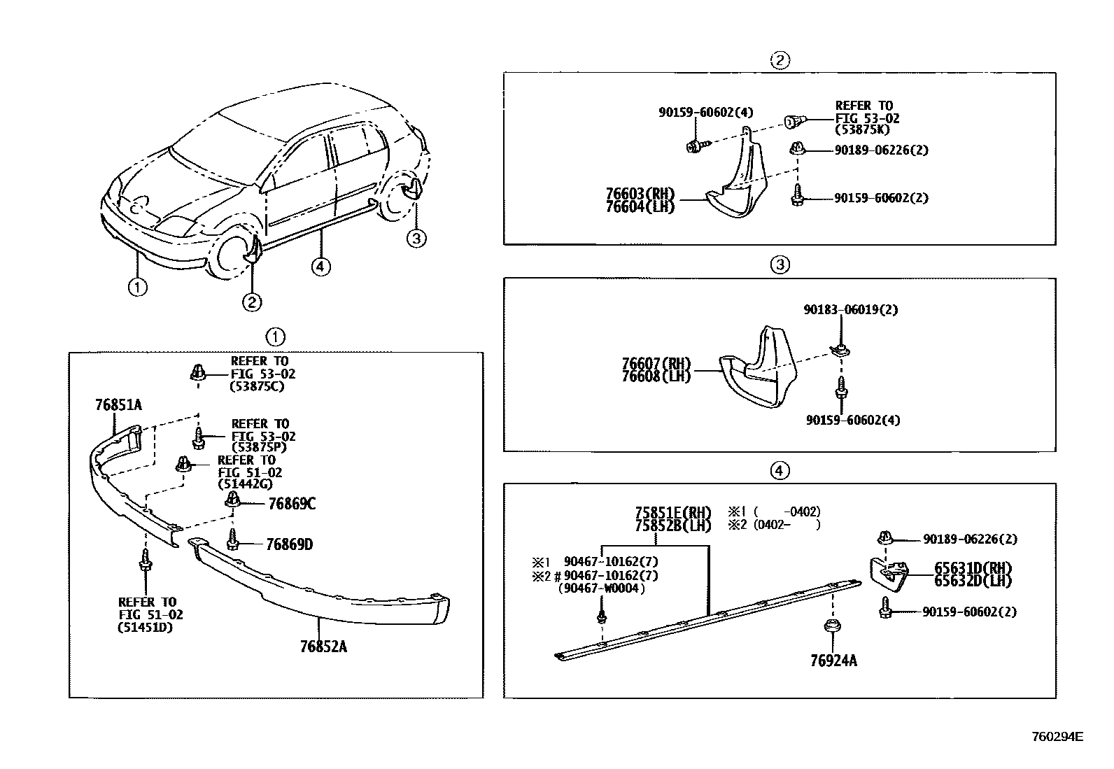 Toyota COROLLA 挡泥板和扰流板 EPC diagram — 760294E