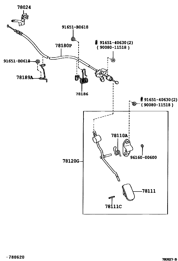 Toyota COROLLA accelerator pedal connecting rod EPC diagram — 780827B