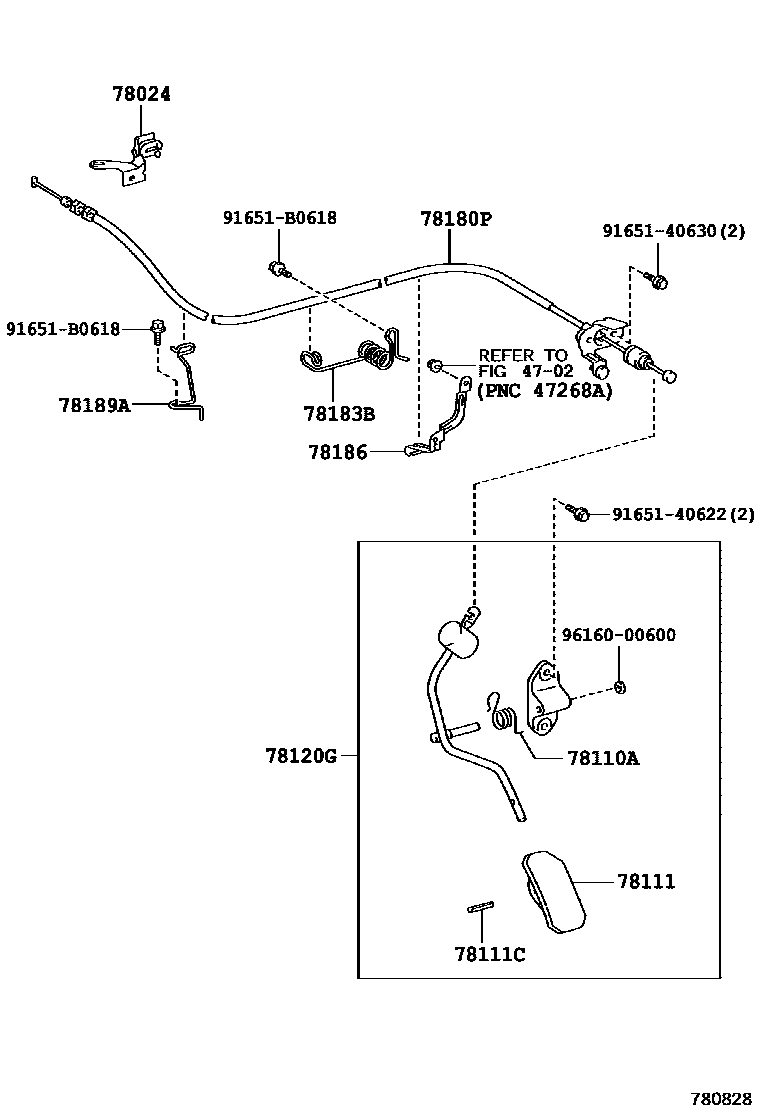 Toyota COROLLA accelerator pedal connecting rod EPC diagram — 780828