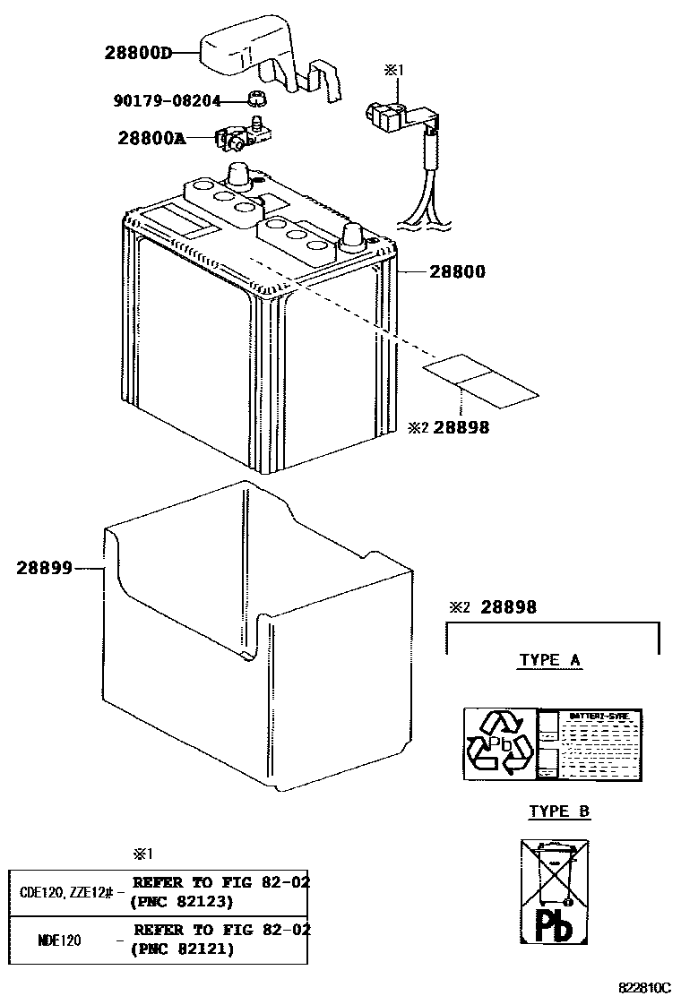 Toyota COROLLA 蓄电池和蓄电池电缆 EPC diagram — 822810C