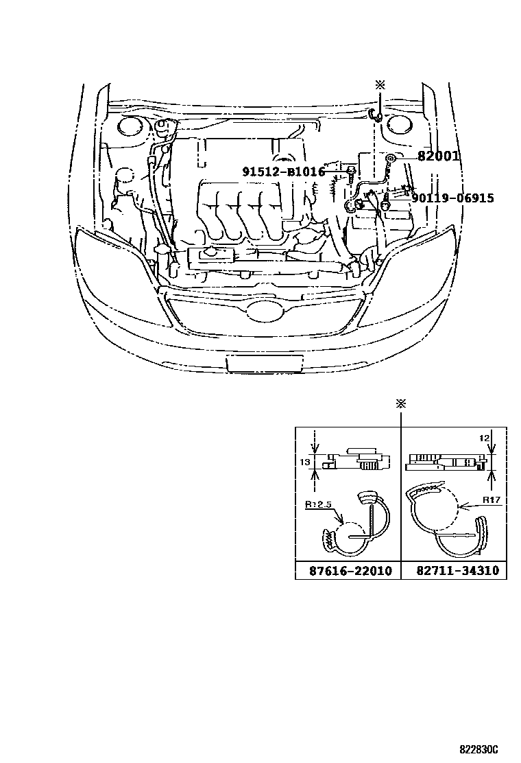 Toyota COROLLA 线束和卡夹 EPC diagram — 822830C