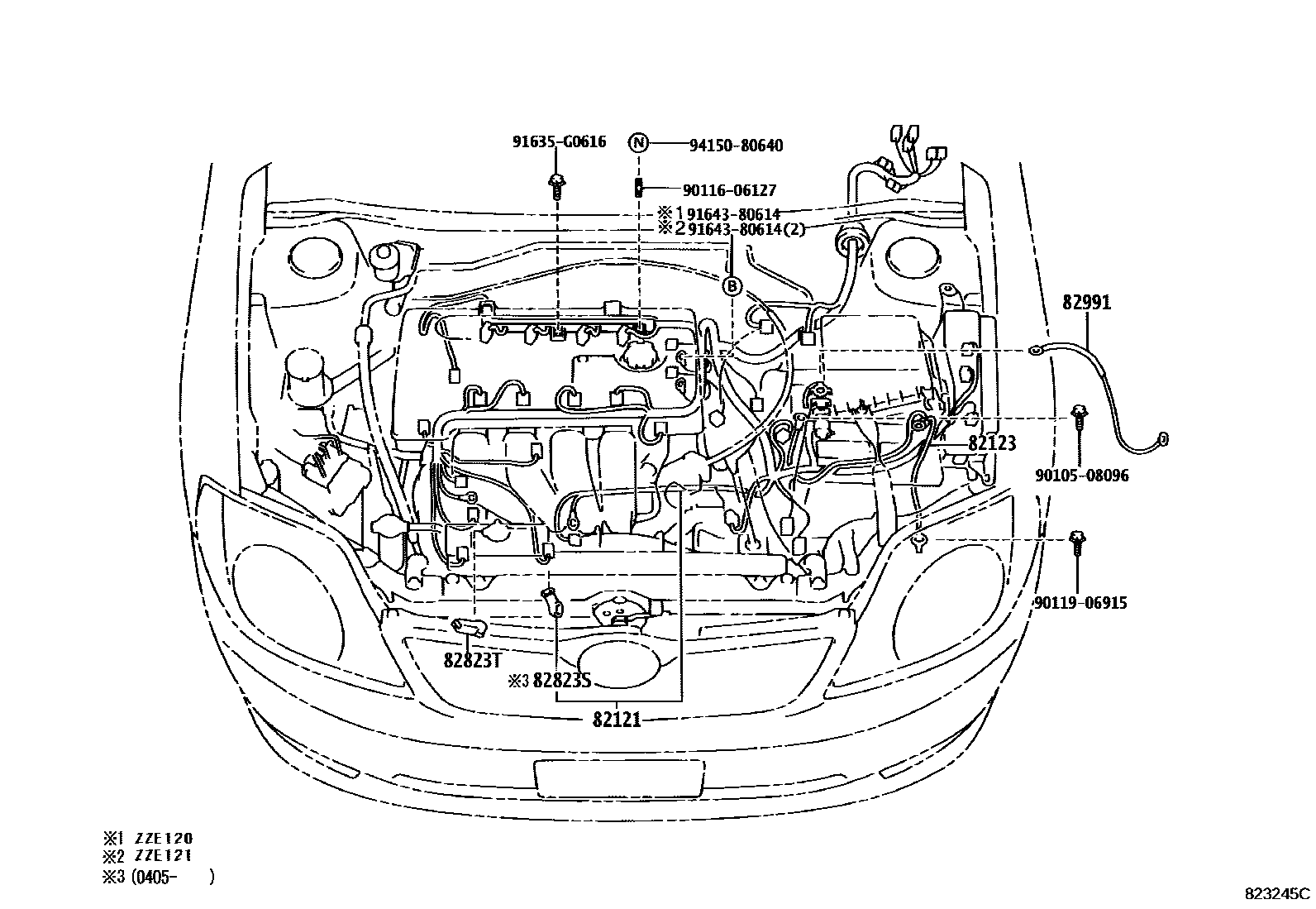 Toyota COROLLA 线束和卡夹 EPC diagram — 823245C