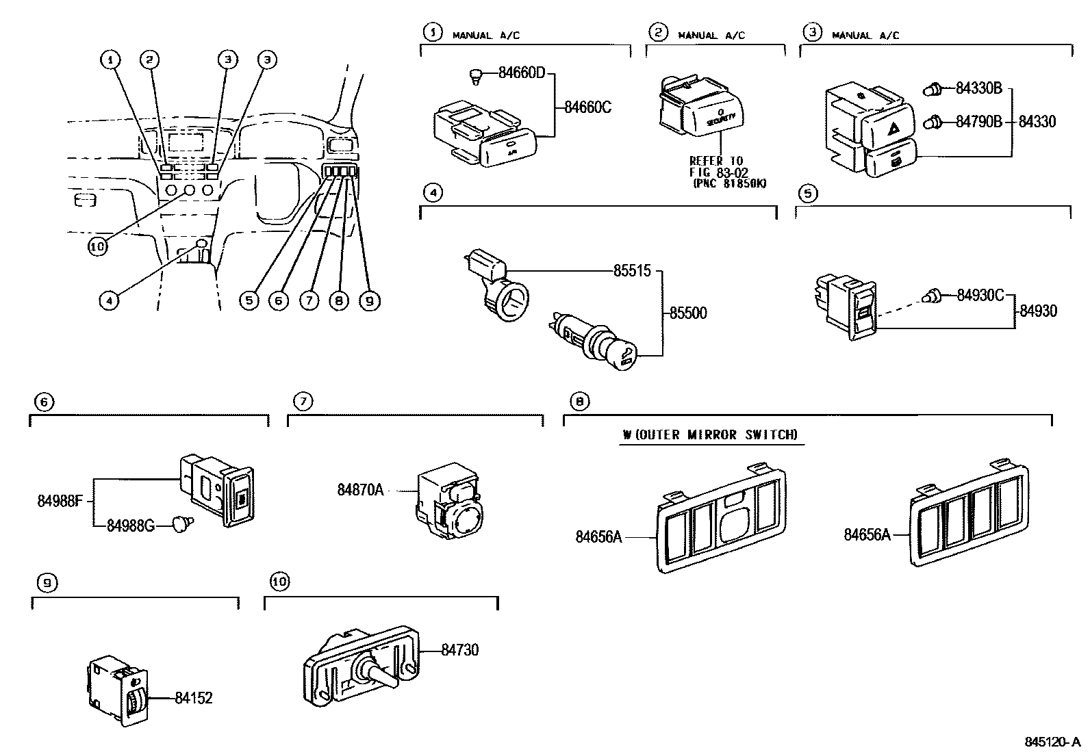 Toyota COROLLA 开关和继电器和ECU EPC diagram — 845120A
