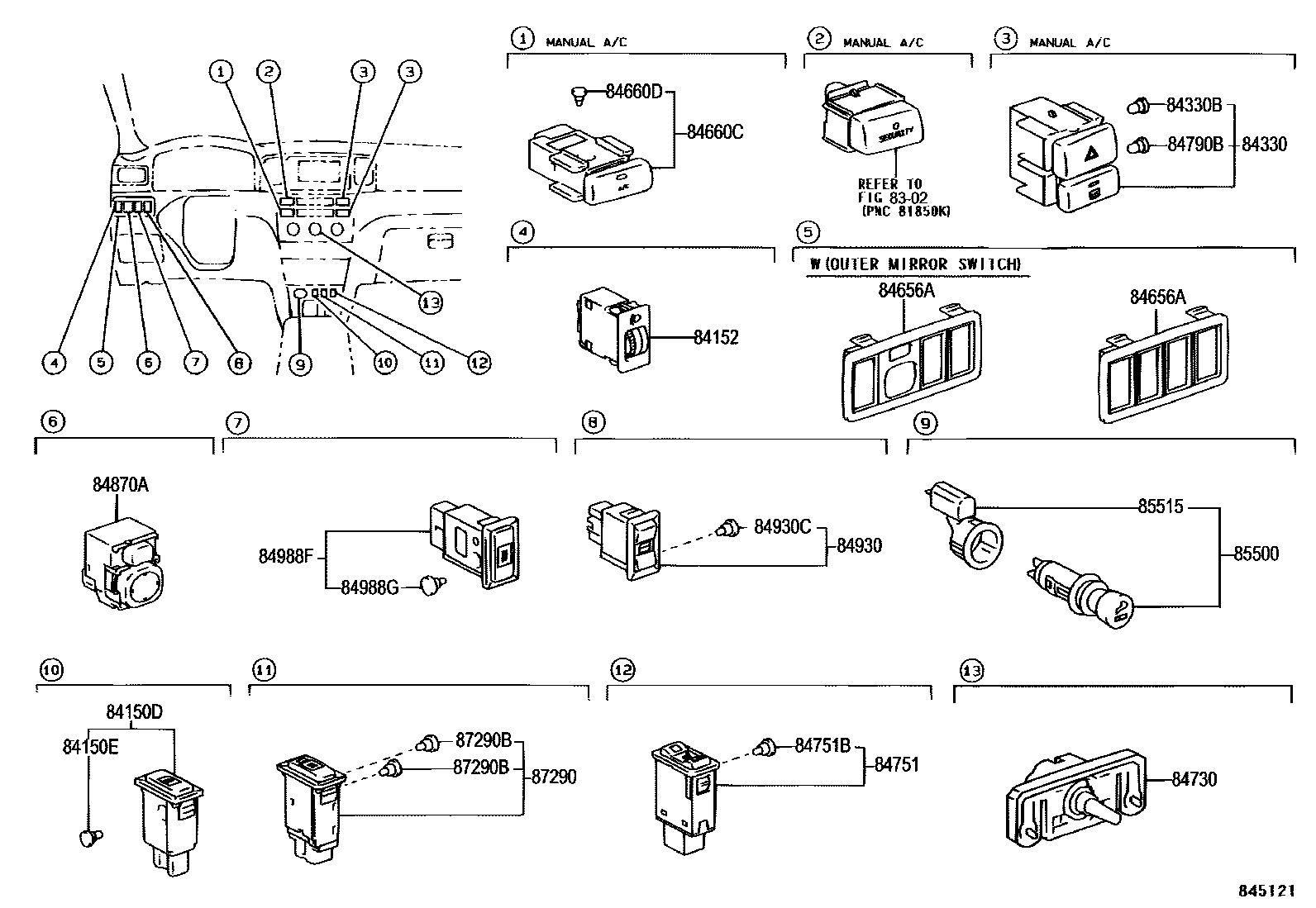 Toyota COROLLA 开关和继电器和ECU EPC diagram — 845121