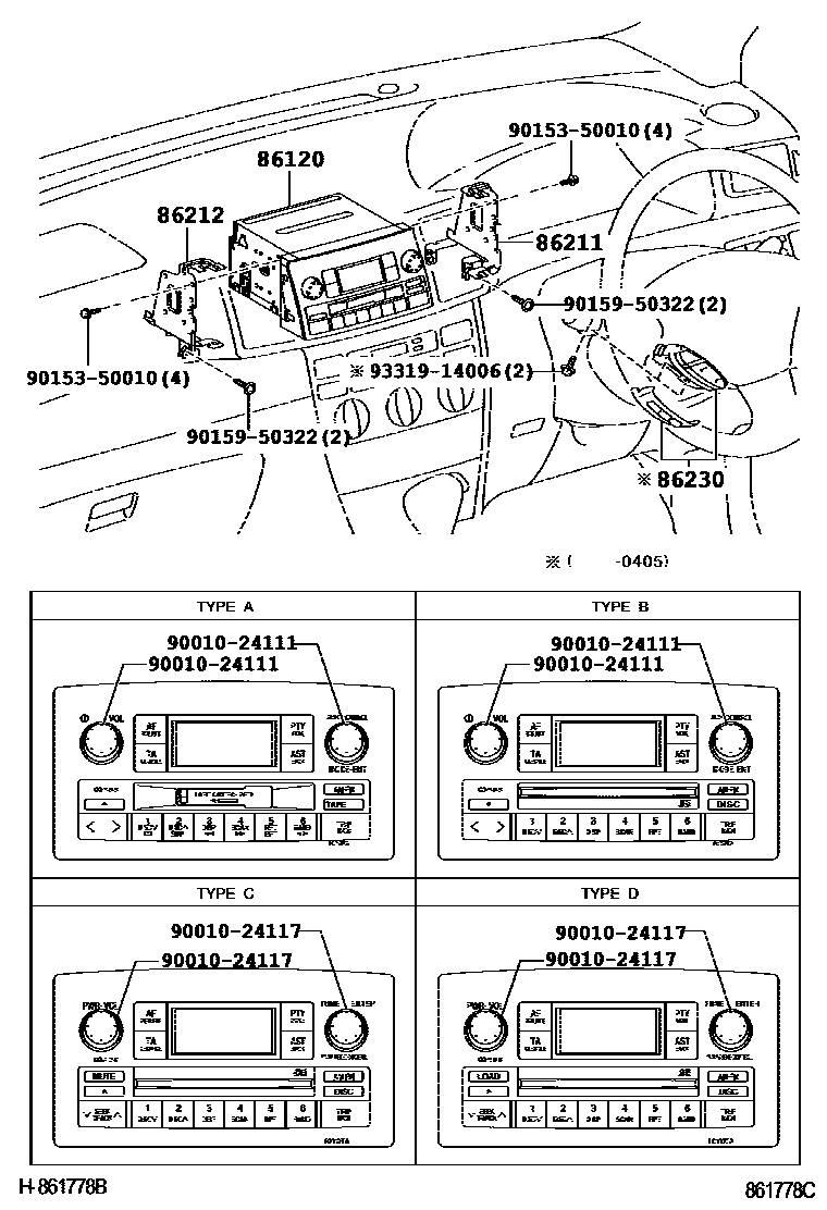 Toyota COROLLA 收音机、放大器和冷凝器 EPC diagram — 861778C