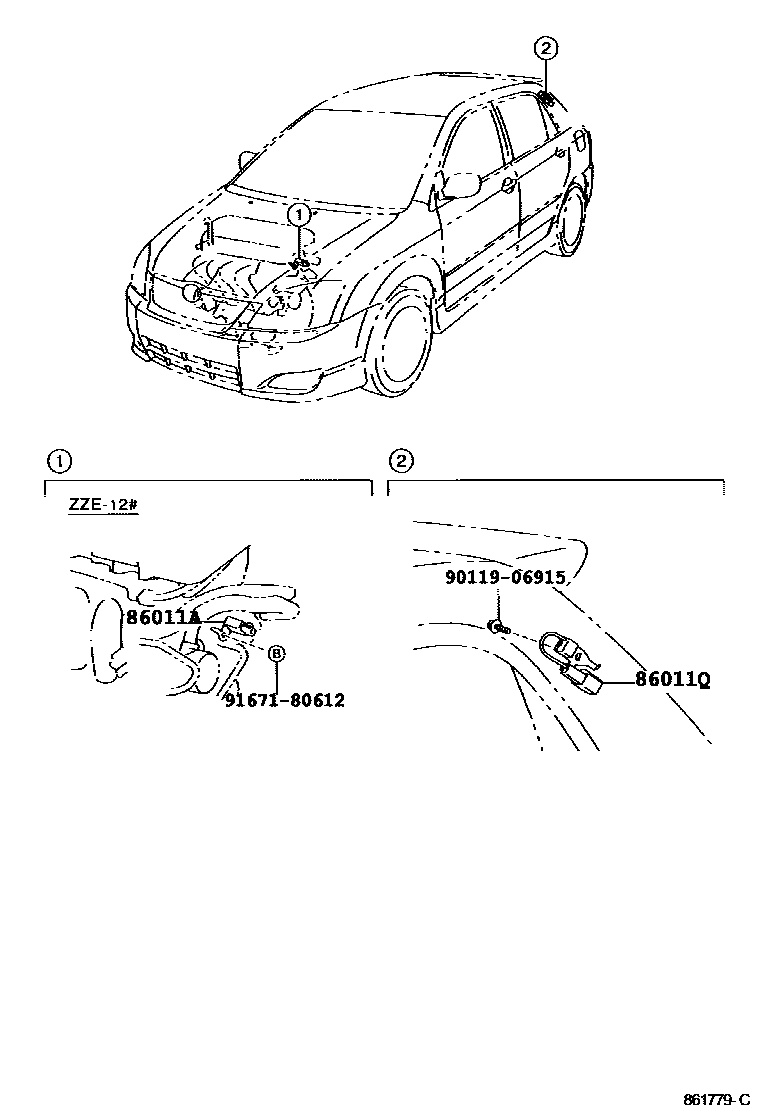 Toyota COROLLA 收音机、放大器和冷凝器 EPC diagram — 861779C