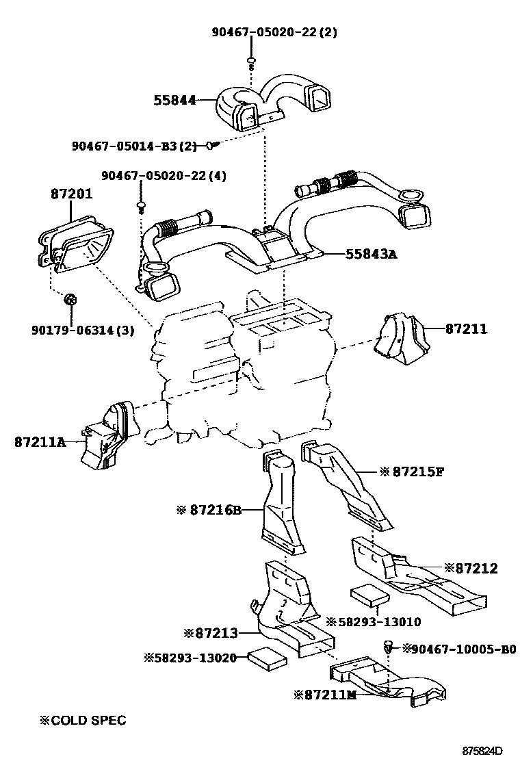 Toyota COROLLA 暖风和空调系统 - 控制器和风管 EPC diagram — 875824D
