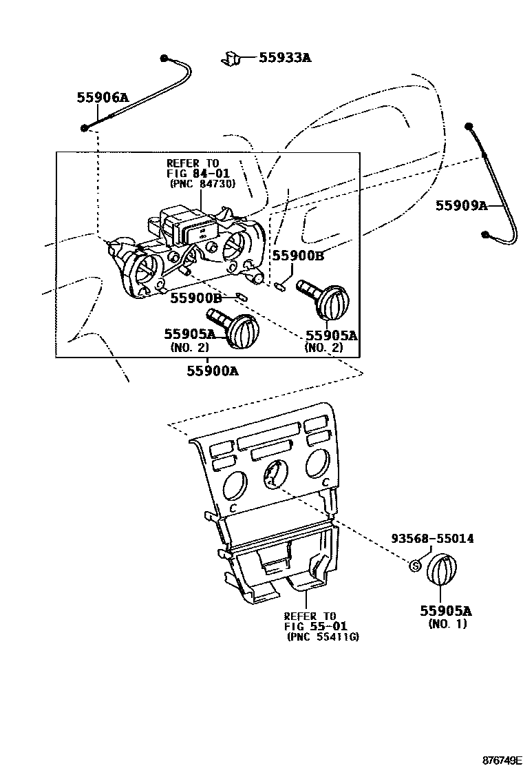 Toyota COROLLA 暖风和空调系统 - 控制器和风管 EPC diagram — 876749E