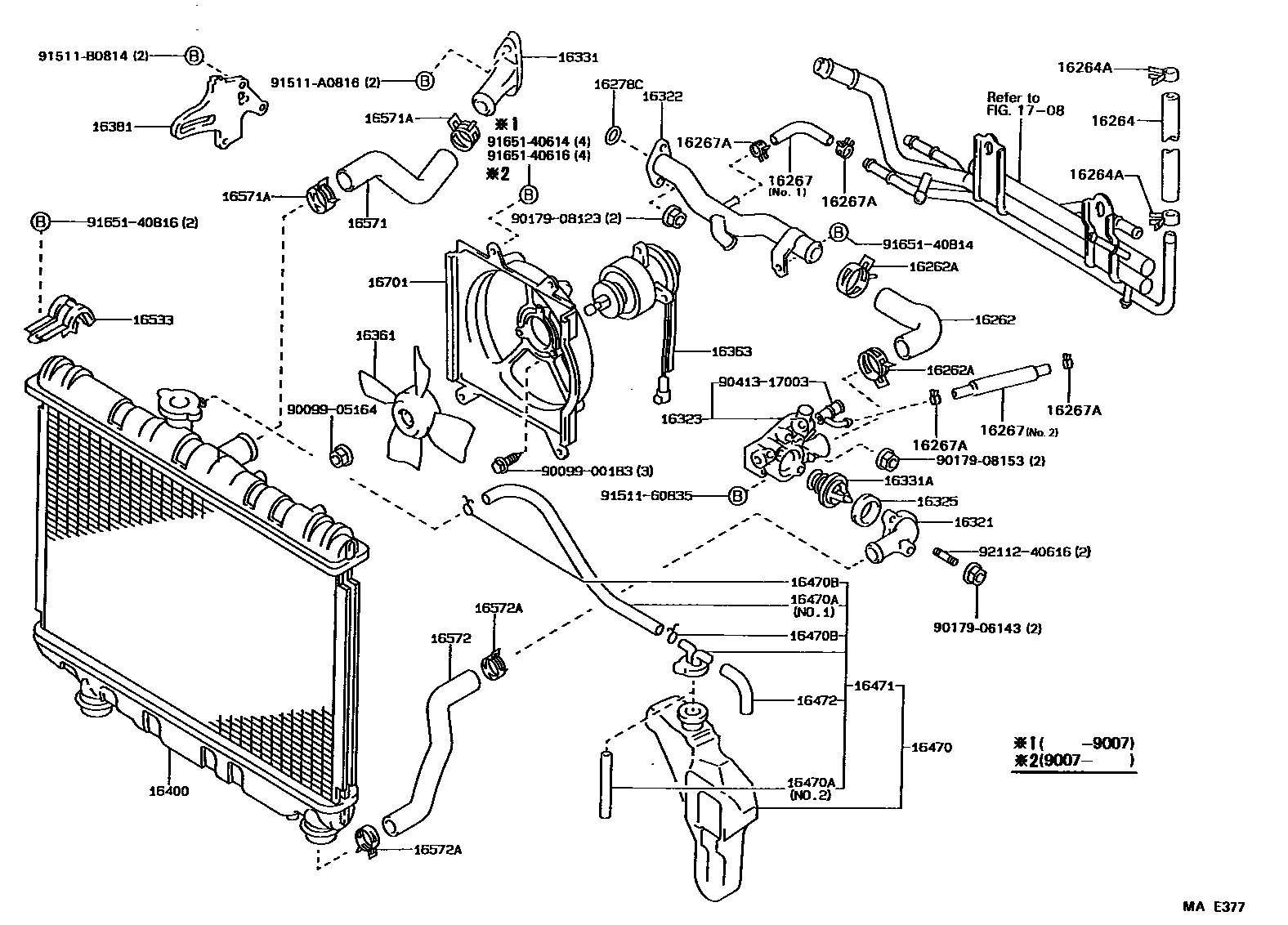 Toyota COROLLA RADIATOR & WATER OUTLET EPC diagram — MAE377