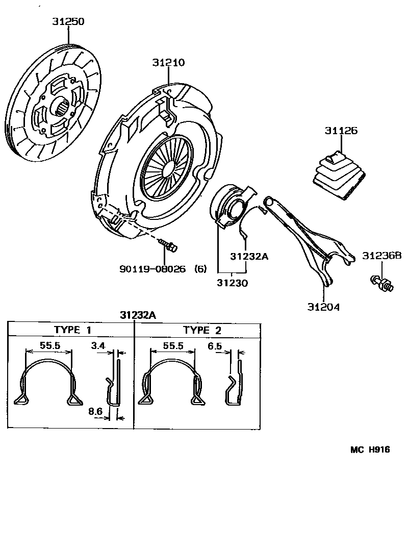 Toyota COROLLA 离合器和分离叉 EPC diagram — MCH916