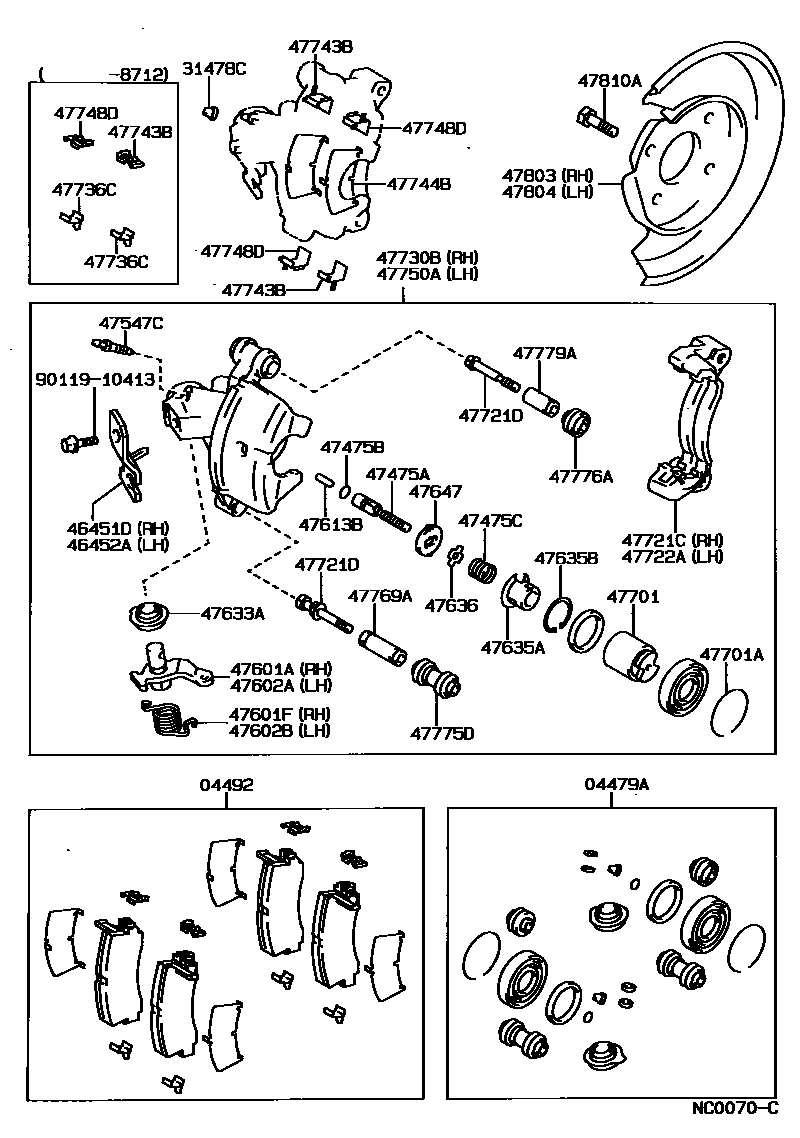 Toyota COROLLA 后盘式制动器卡钳和防尘罩 EPC diagram — NC0070C