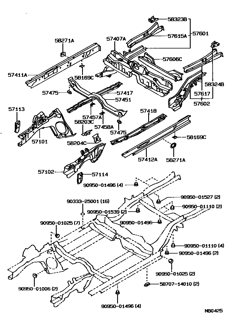 Toyota COROLLA Floor stringers EPC diagram — NB0425