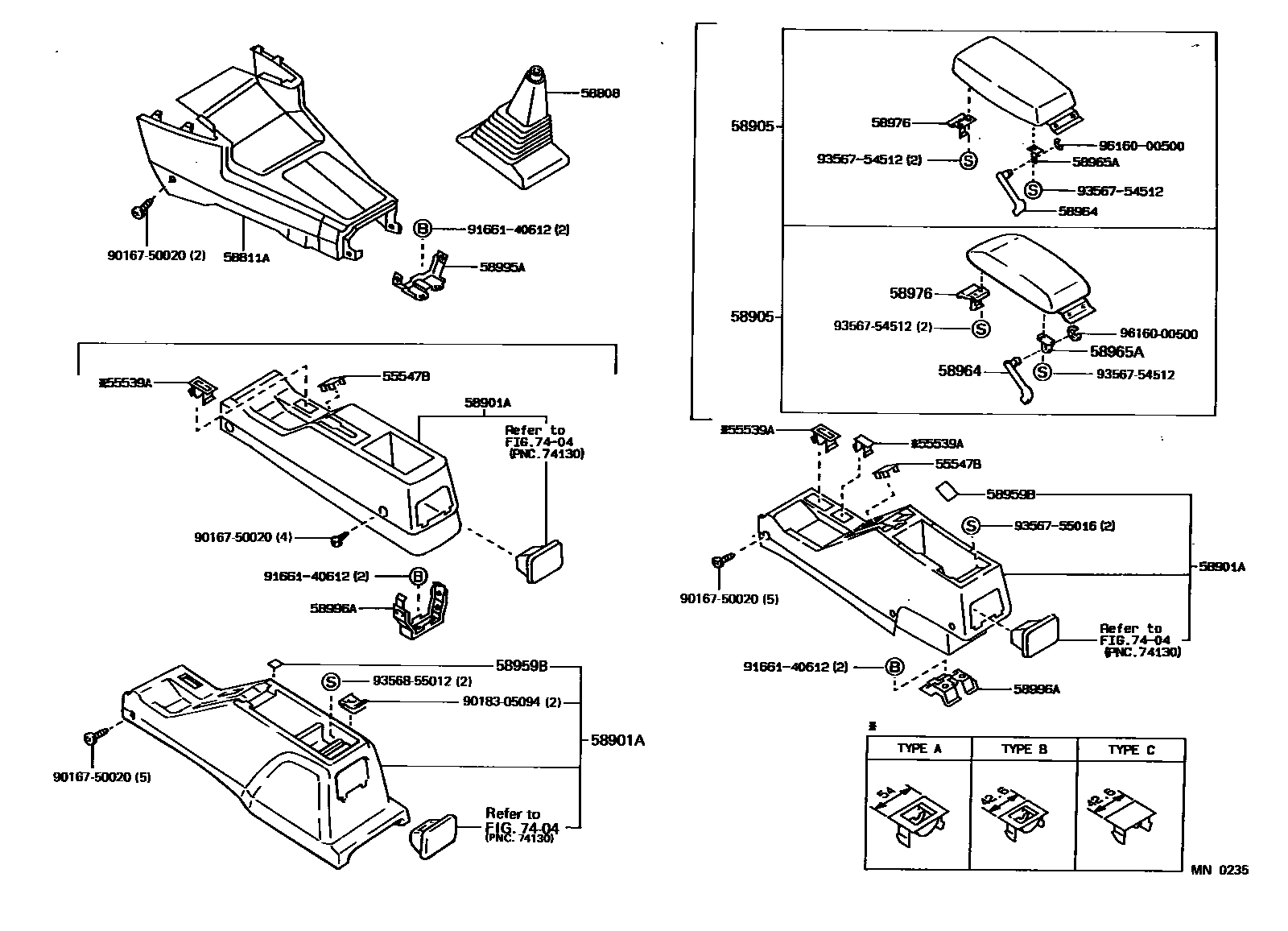 Toyota COROLLA 中央扶手箱和支架 EPC diagram — MN0235