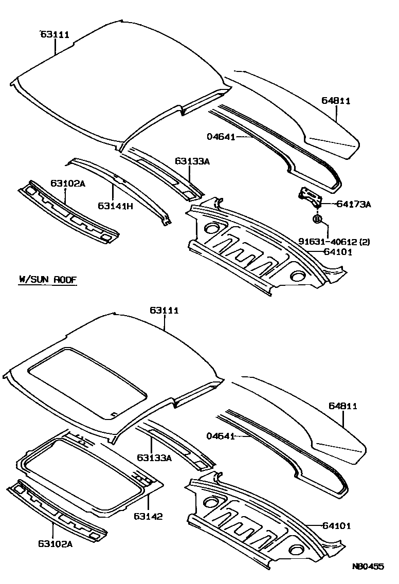 Toyota COROLLA 天窗板和背窗玻璃 EPC diagram — NB0455