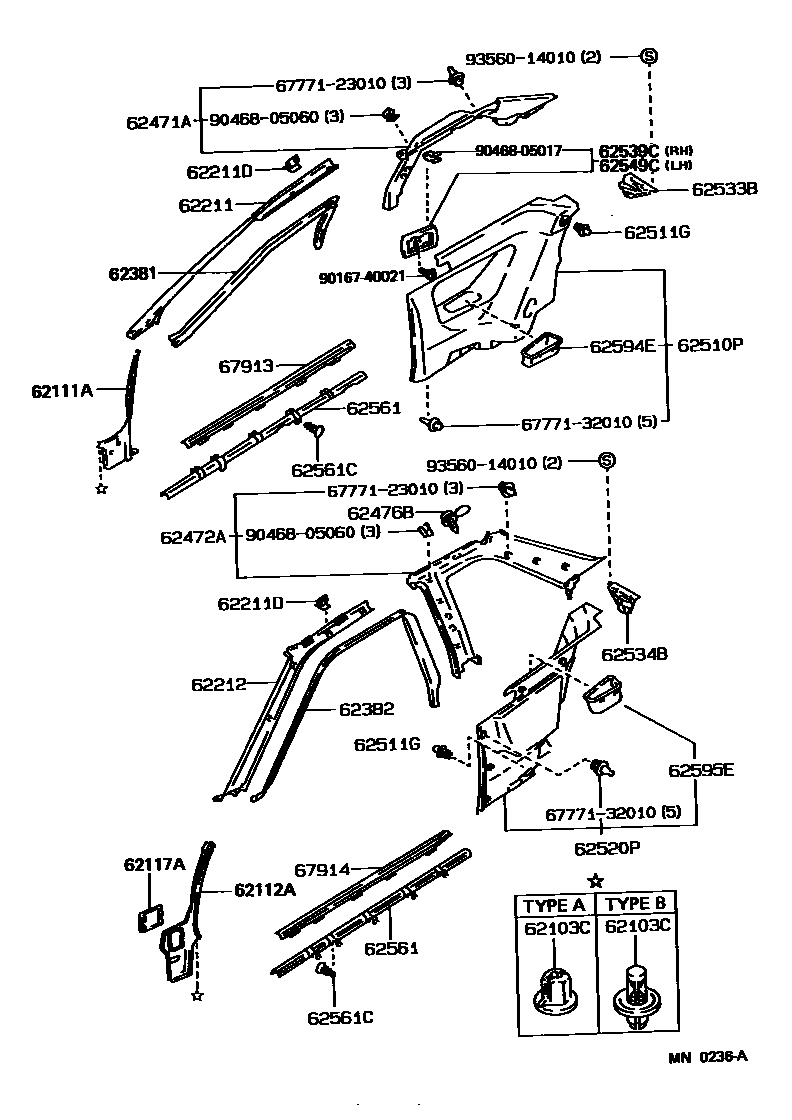 Toyota COROLLA 内饰板和车门防水胶条 EPC diagram — MN0236A