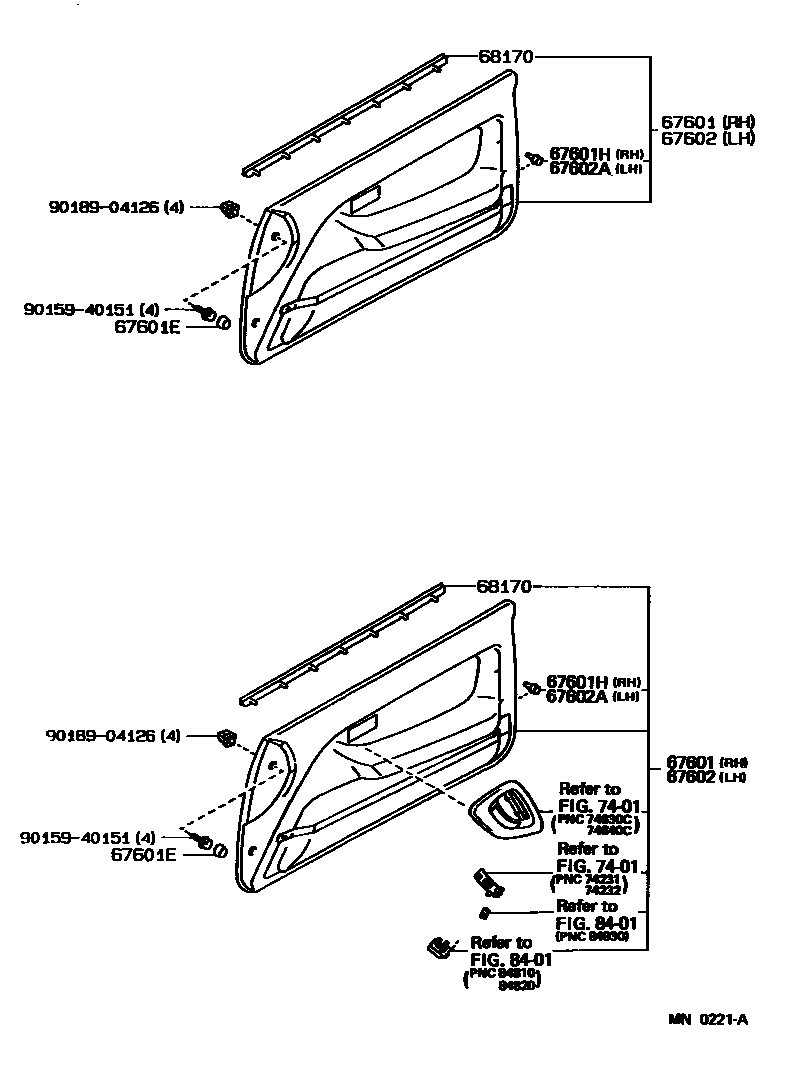 Toyota COROLLA 前门板和前门玻璃 EPC diagram — MN0221A