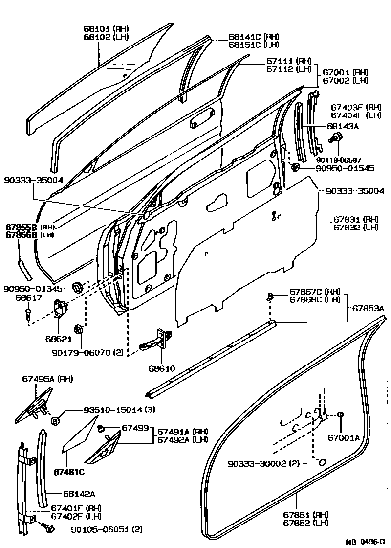 Toyota COROLLA 前门板和前门玻璃 EPC diagram — NB0496D