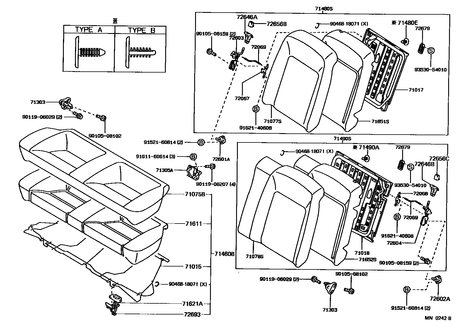Toyota COROLLA 后排座椅和座椅滑轨 EPC diagram — MN0242B
