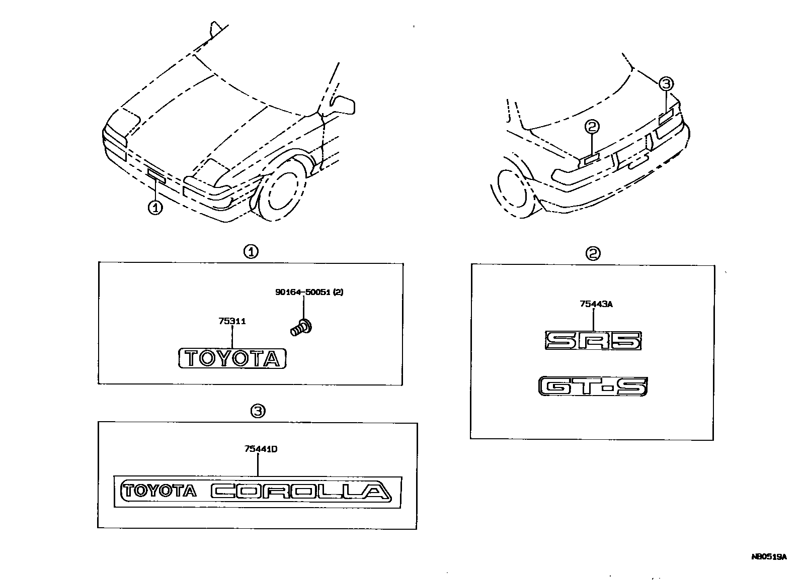 Toyota COROLLA 丰田徽标和铭牌(车外和车内) EPC diagram — NB0519A