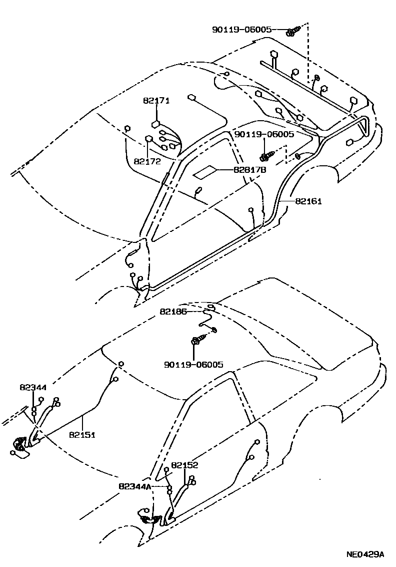 Toyota COROLLA 线束和卡夹 EPC diagram — NE0429A