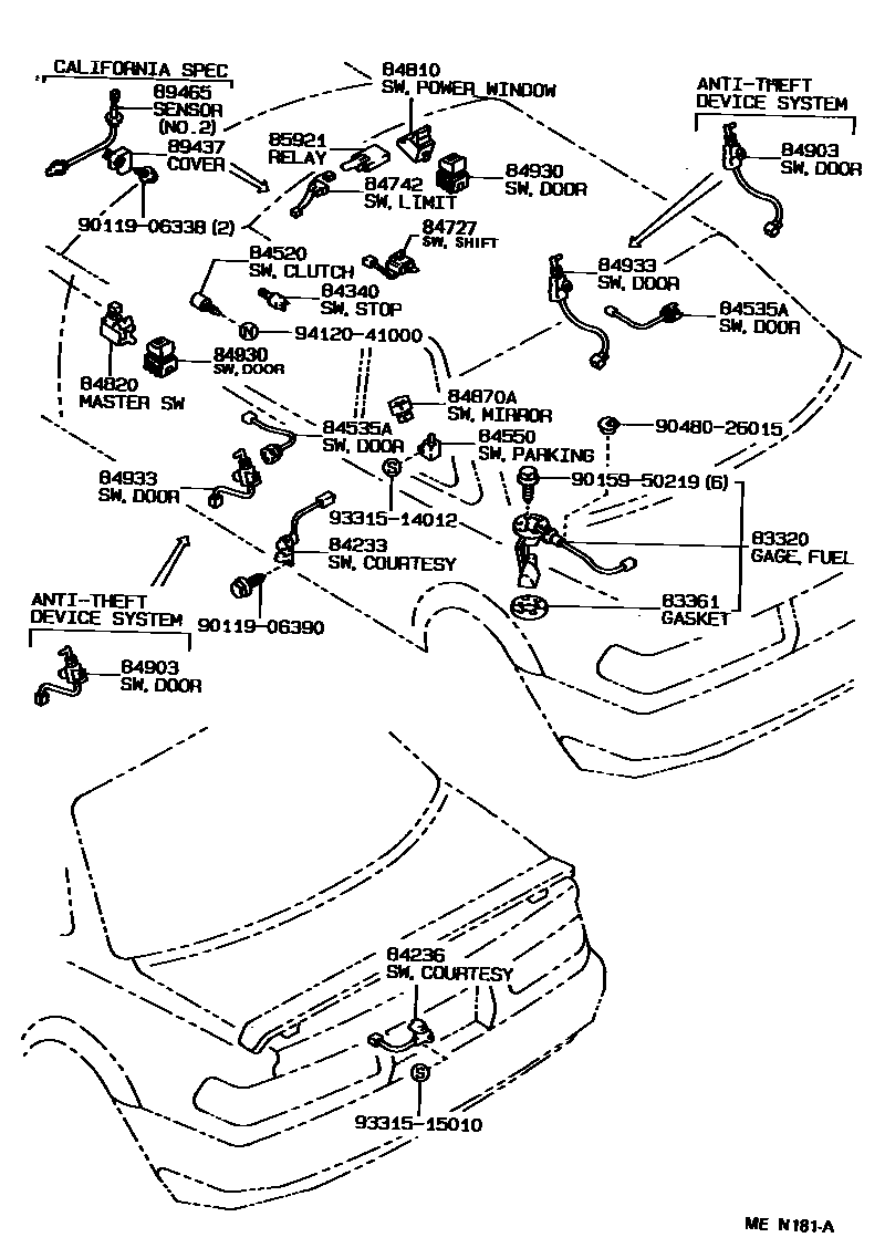 Toyota COROLLA 开关和继电器和ECU EPC diagram — MEN181A