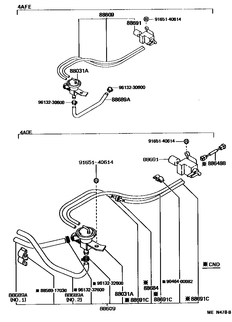 Toyota COROLLA 暖风和空调系统 - 真空管 EPC diagram — MEN478B