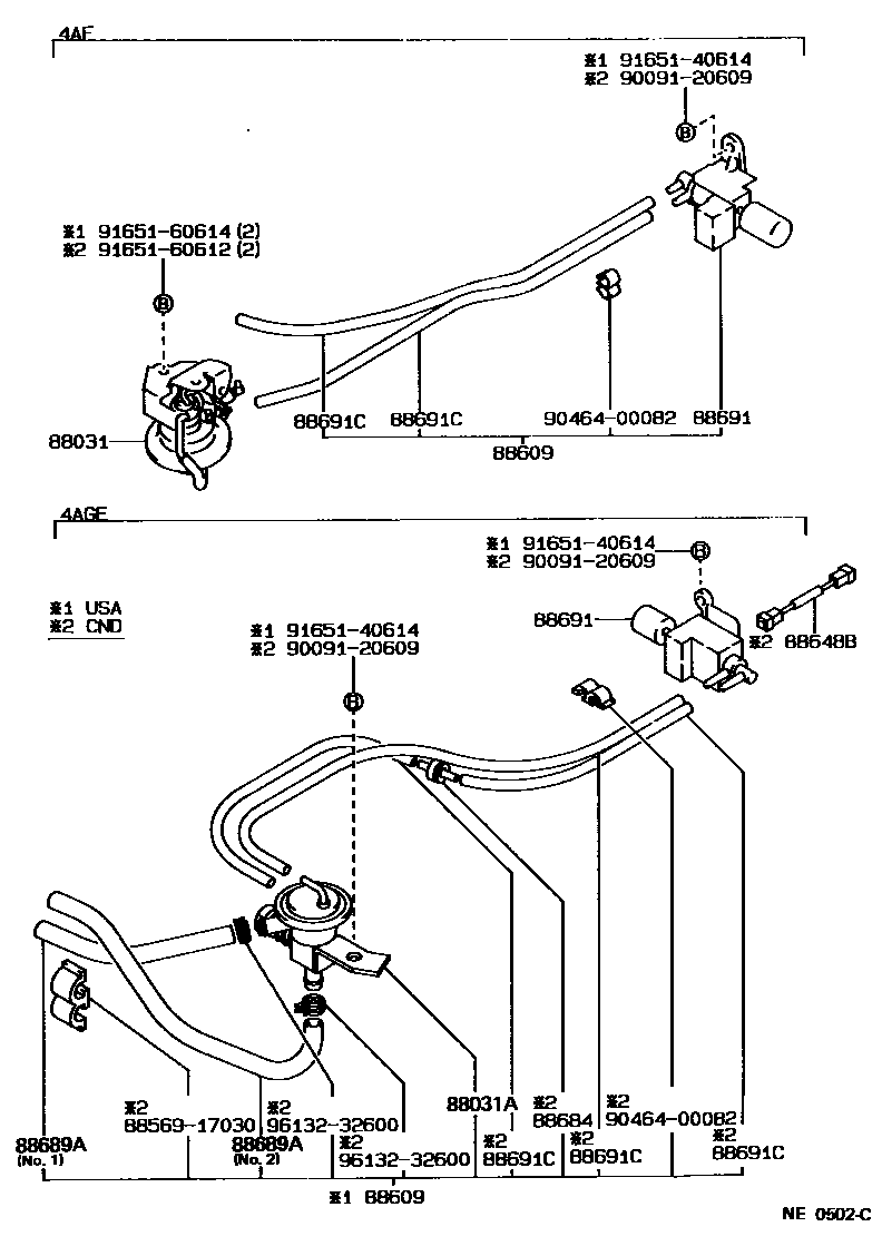 Toyota COROLLA 暖风和空调系统 - 真空管 EPC diagram — NE0502C
