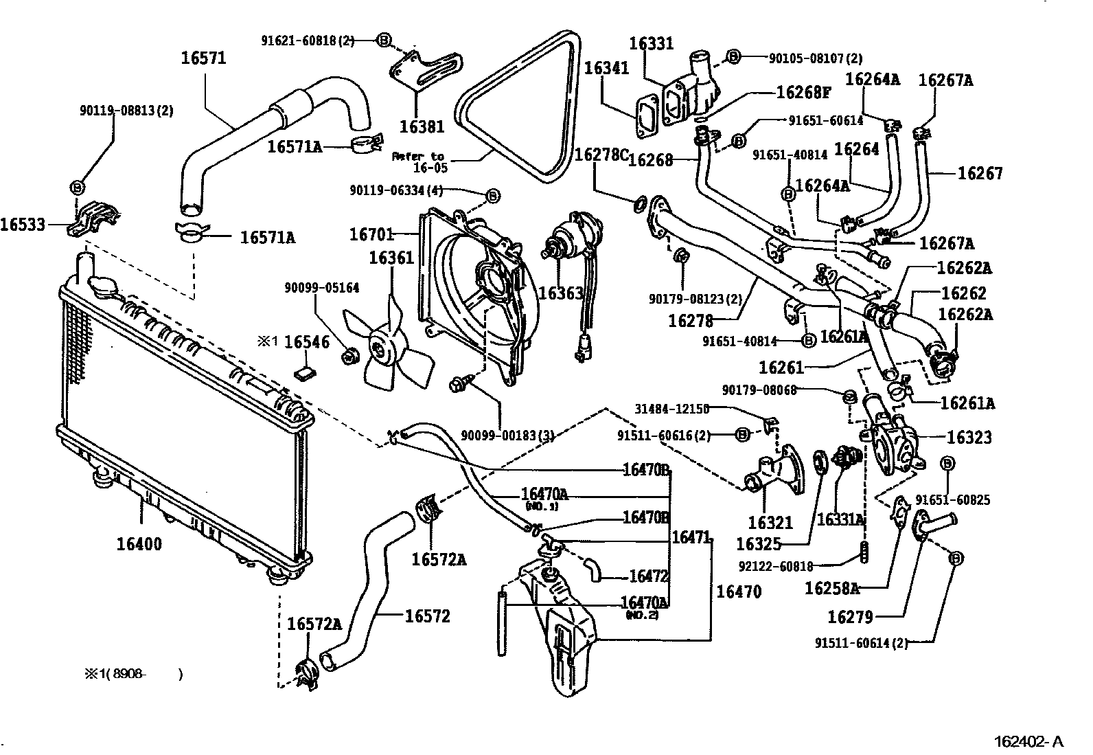 Toyota COROLLA RADIATOR & WATER OUTLET EPC diagram — 162402A