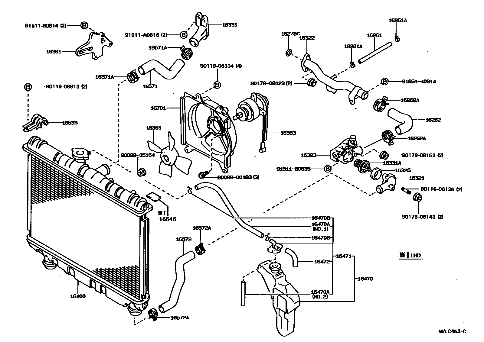 Toyota COROLLA RADIATOR & WATER OUTLET EPC diagram — MAC453C