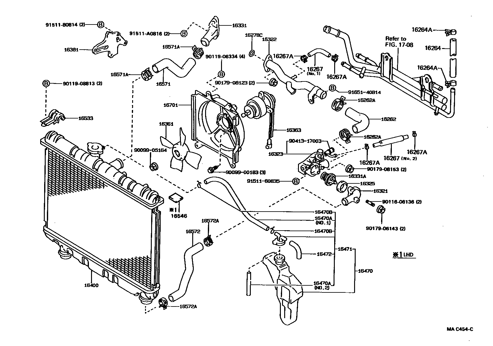 Toyota COROLLA RADIATOR & WATER OUTLET EPC diagram — MAC454C
