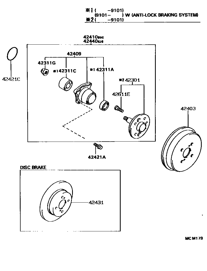 Toyota COROLLA 后桥半轴和后桥轮毂 EPC diagram — MCM179