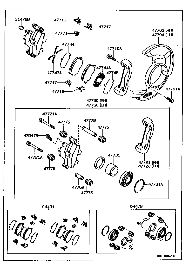 Toyota COROLLA 前盘式制动器卡钳和防尘罩 EPC diagram — NC0062D