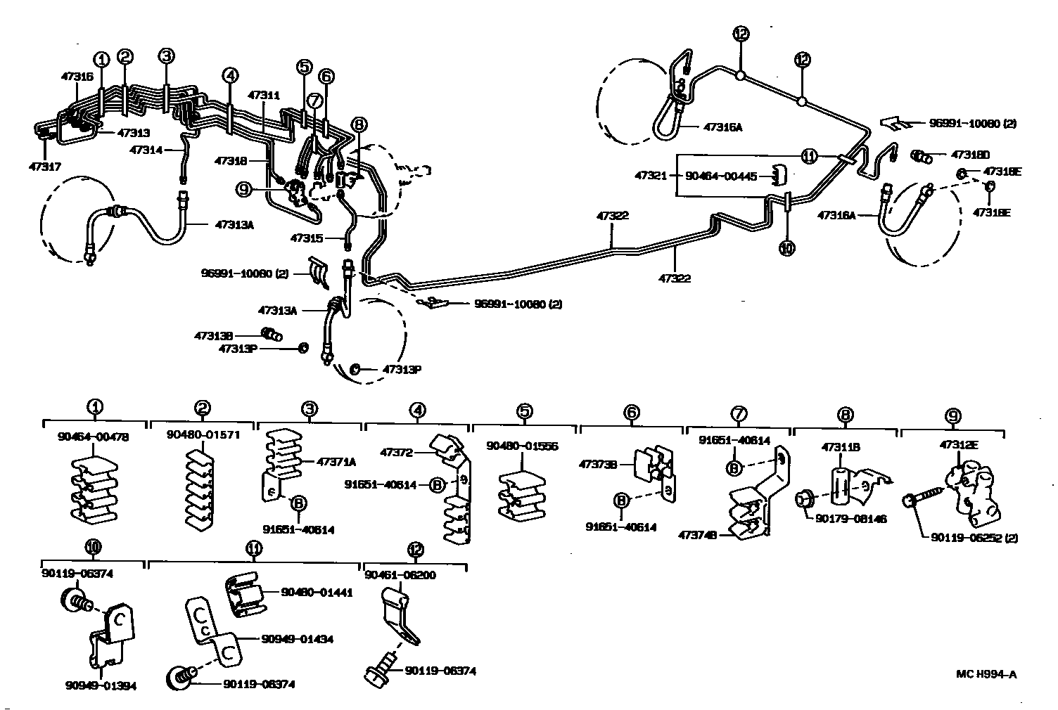 Toyota COROLLA 制动配管和卡箍 EPC diagram — MCH994A