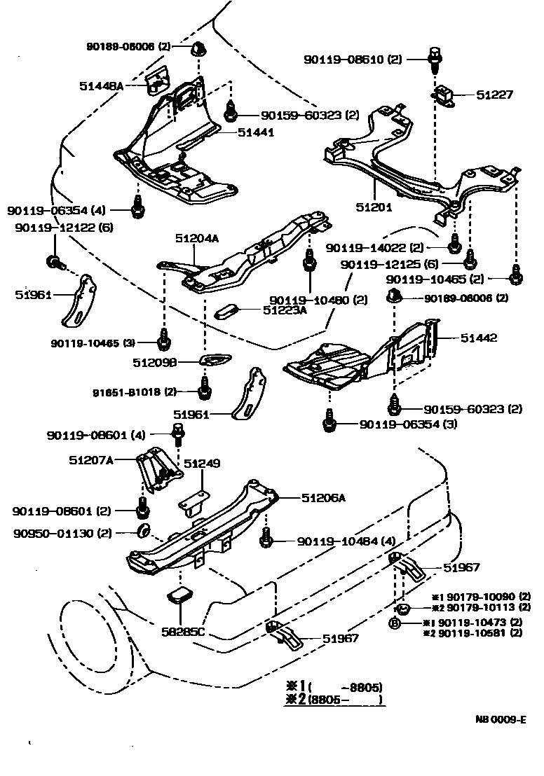 Toyota COROLLA 悬架横梁和发动机底罩 EPC diagram — NB0009E