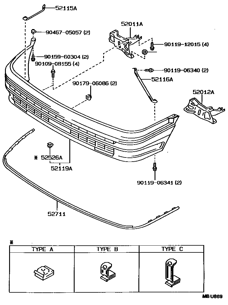 Toyota COROLLA 前保险杠及附件 EPC diagram — MBU869