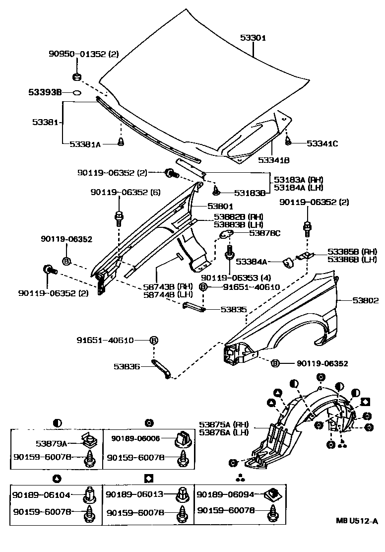 Toyota COROLLA 发动机盖和前翼子板 EPC diagram — MBU512A