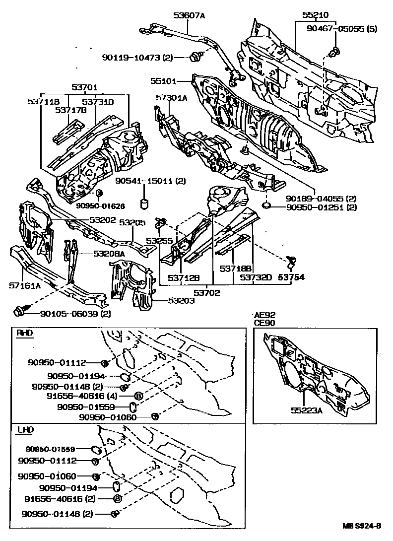 Toyota COROLLA 前翼子板挡泥板和前围板 EPC diagram — MBS924B