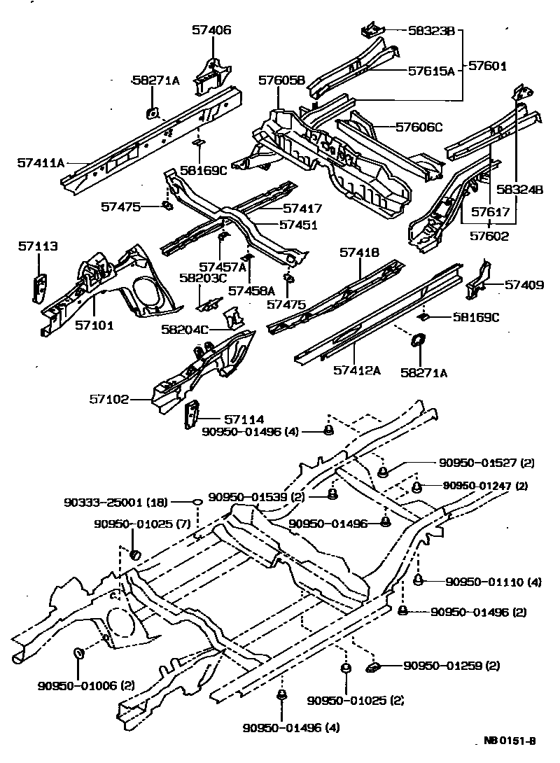 Toyota COROLLA Floor stringers EPC diagram — NB0151B