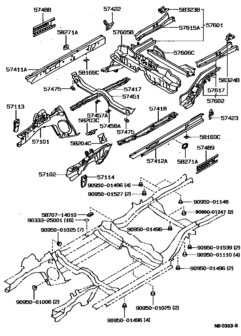 Toyota COROLLA Floor stringers EPC diagram — NB0353B