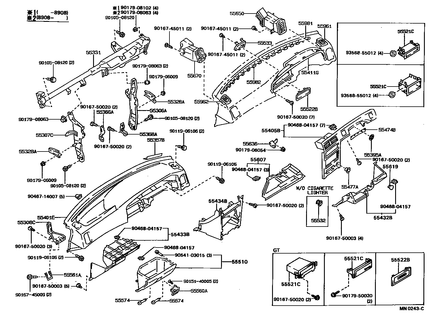 Toyota COROLLA 仪表板和手套箱 EPC diagram — MN0243C