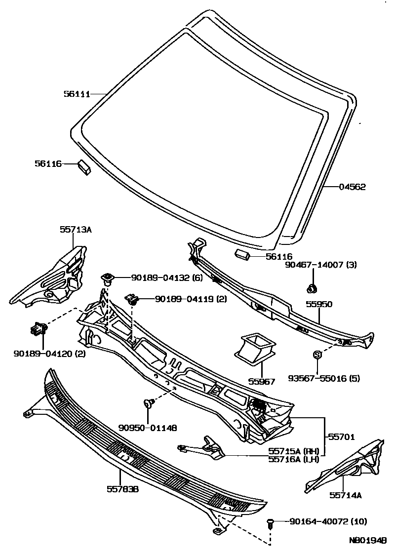 Toyota COROLLA 前围板和挡风玻璃 EPC diagram — NB0194B